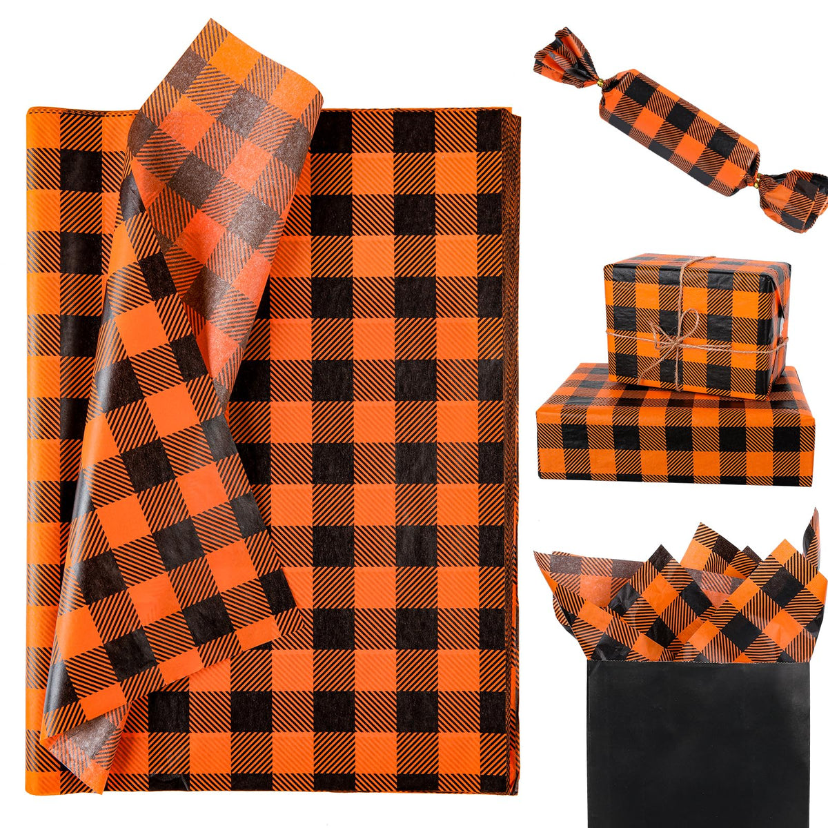 Whaline 120 Sheet Fall Plaids Tissue Paper Halloween Orange Black Checked Wrapping Paper Rustic Buffalo Plaids Art Tissue Paper for Halloween Fall Thanksgiving DIY Gift Wrapping 13.78"x 19.69"