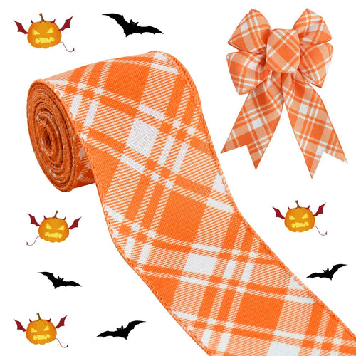 TONIFUL 2.5 Inch Orange White Plaid Burlap Ribbon Wired Edge Ribbon Thanksgiving Fall Halloween Christmas Wired Ribbon for Crafts Gift Tree Topper Wreath Bows Outdoor Indoor Decorations 6yds