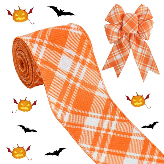 TONIFUL 2.5 Inch Orange White Plaid Burlap Ribbon Wired Edge Ribbon Thanksgiving Fall Halloween Christmas Wired Ribbon for Crafts Gift Tree Topper Wreath Bows Outdoor Indoor Decorations 6yds